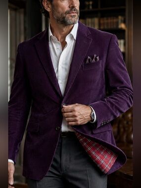Alan Flusser 42R Purple Corduroy Blazer Sport Coat Red Plaid Lining